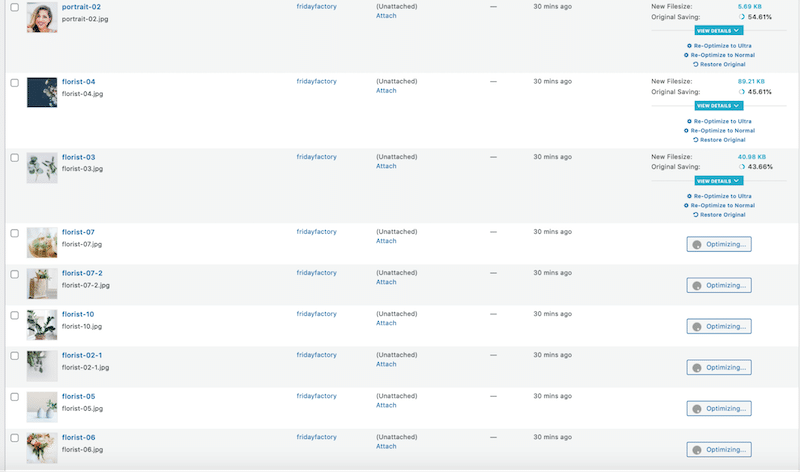 Optimizing my 10 images with Imagify - Source: The WordPress library
