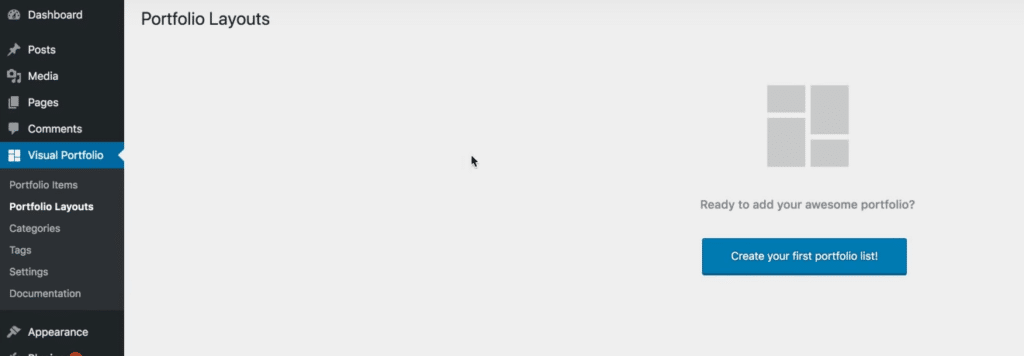 The Portfolio Layouts screen in the Visual Portfolio plugin