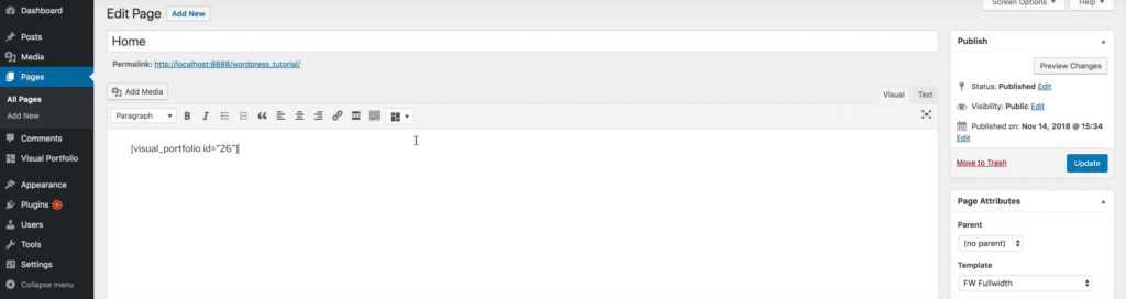 The Visual Portfolio shortcode in the WordPress page editor