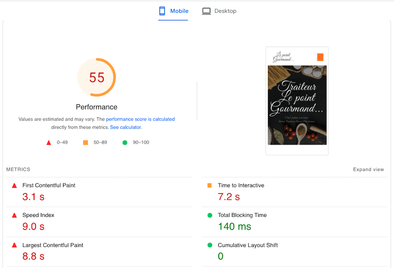 Performance metrics without Imagify - Source: PageSpeed Insights