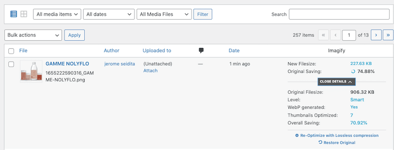 Optimizing an image product with Imagify (75% of saving) - Source: the WordPress library