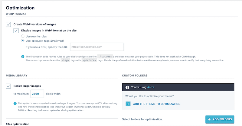 Imagify’s dashboard with WebP conversion - Source: Imagify