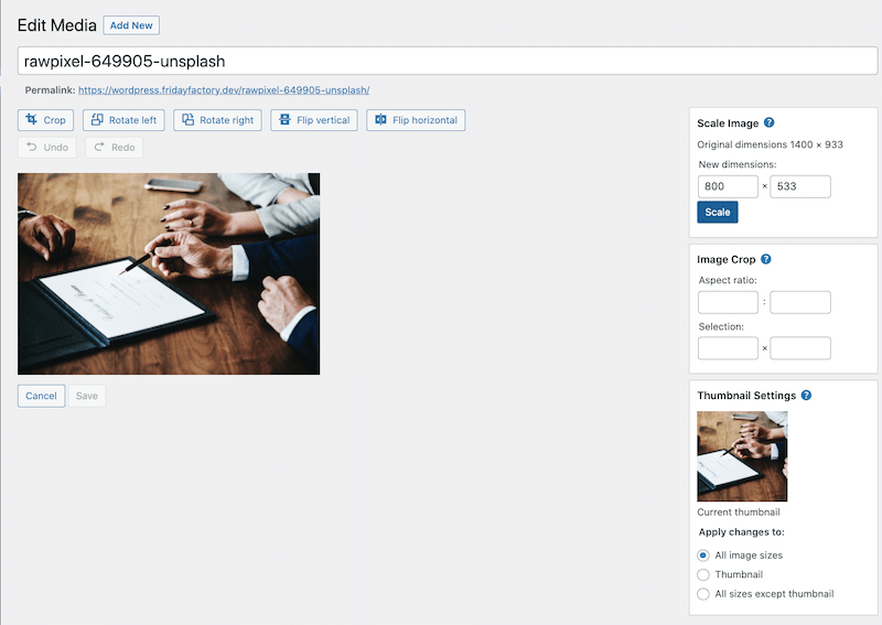 Resizing from WordPress Library - Source: Imagify