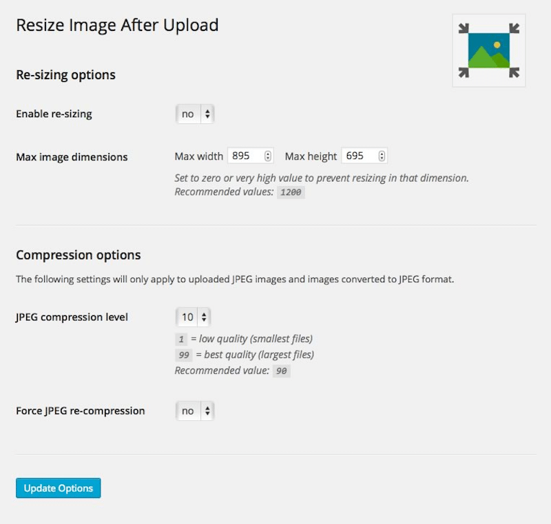 Settings panel - Source: Resize image after upload