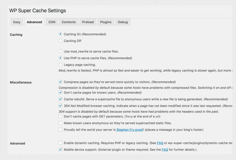 Caching options - Source: WP Super Cache
