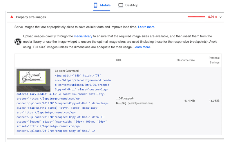 Properly size images for performance - Source: PageSpeed Insights