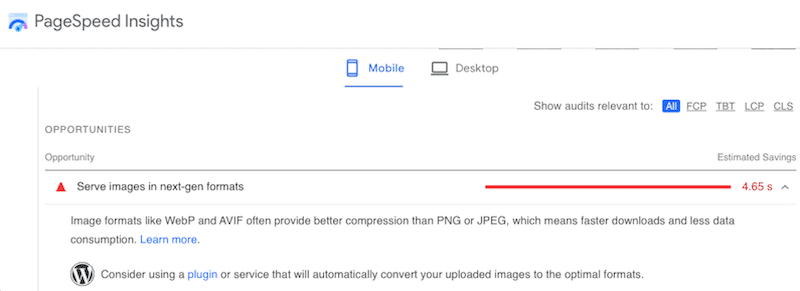 “Serve images in next-gen formats” to boost performance - Source: PageSpeed Insights