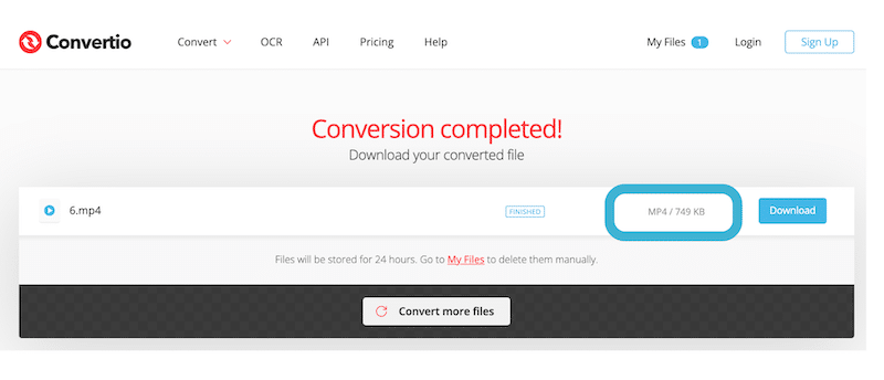 Step 2: Converted file to mp4 much lighter- Source: Convertio