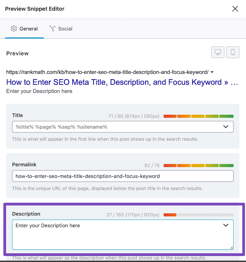 Adding your own meta description - Source: Rank Math SEO