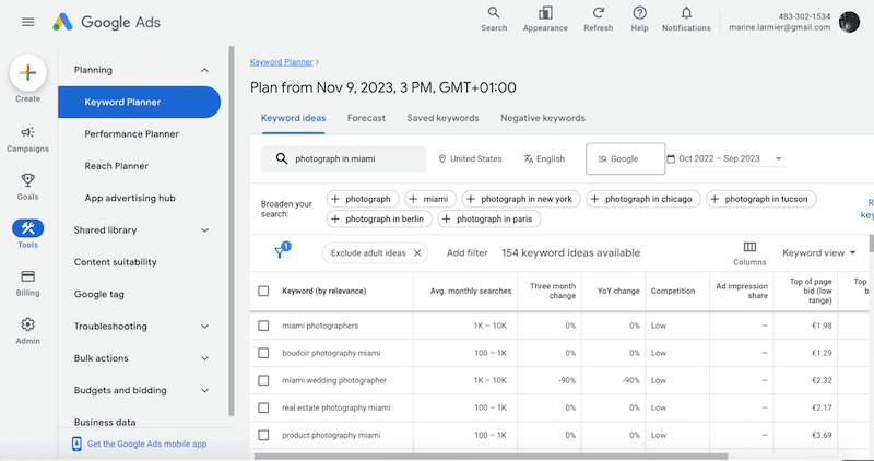 Keyword research for a photographer in Miami - Source: Google Keyword Planner
