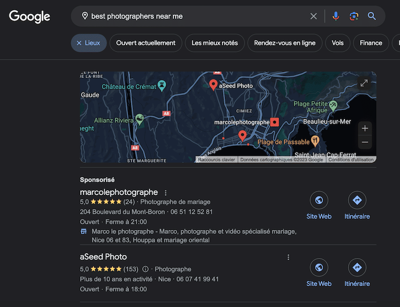 Local photographers listed on Google - Source: Google Search Results