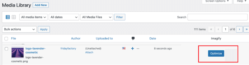 Optimize button in the WordPress library - Source: Imagify