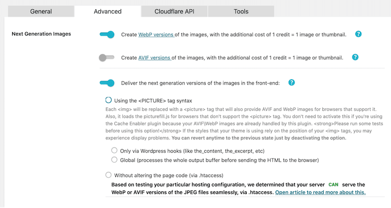 Advanced settings - Source: Shortpixel WordPress dashboard