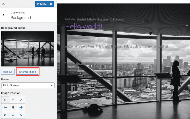 Adding a new background image on WordPress - Source: The WordPress admin
