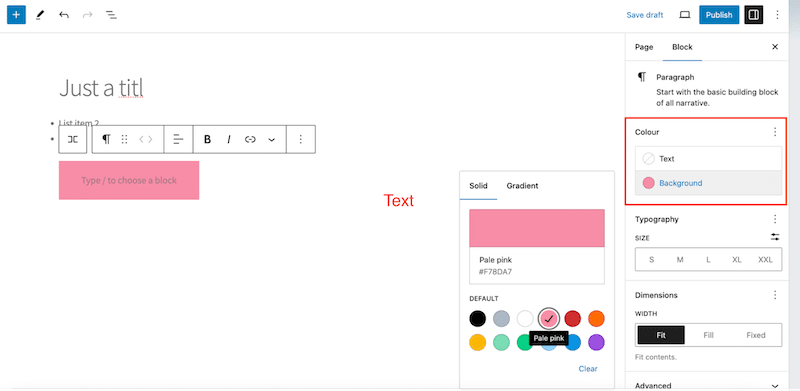 Adding colors or gradient to a block - Source: The WordPress admin