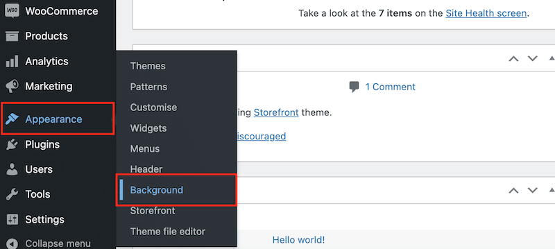 Adding the background in WordPress step 1 - Source: The WordPress admin