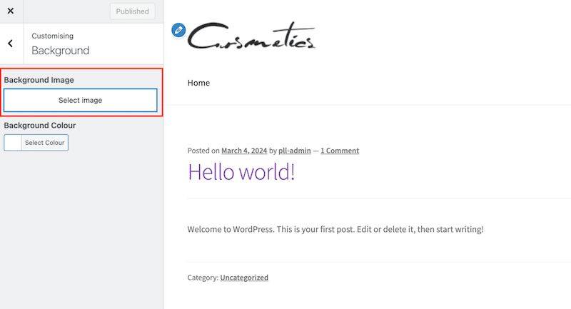 Changing the background and selecting an image - Source: The WordPress admin