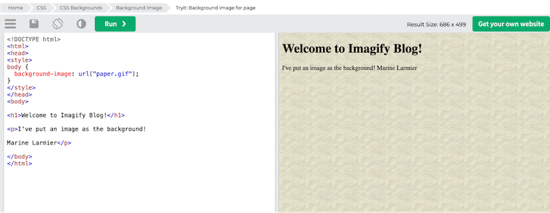 Generating the code to create a background on my page - Source: W3Schools