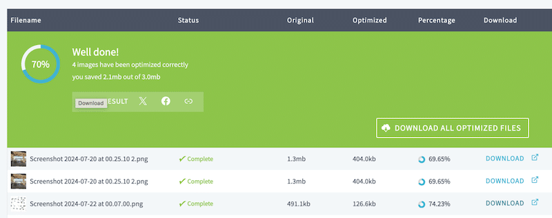 Bulk compression results with the new optimized files to download - Source: Imagify